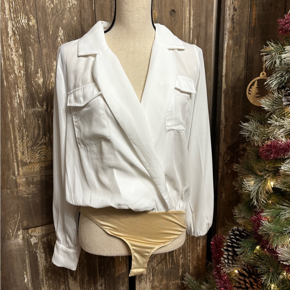 Fashion Nova White and Tan Bodysuit